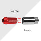 Set of 20 M12X1.5 Red JDM Closed End Aluminum Hex Wheel Lug Nuts + Extension 25mmx50mm