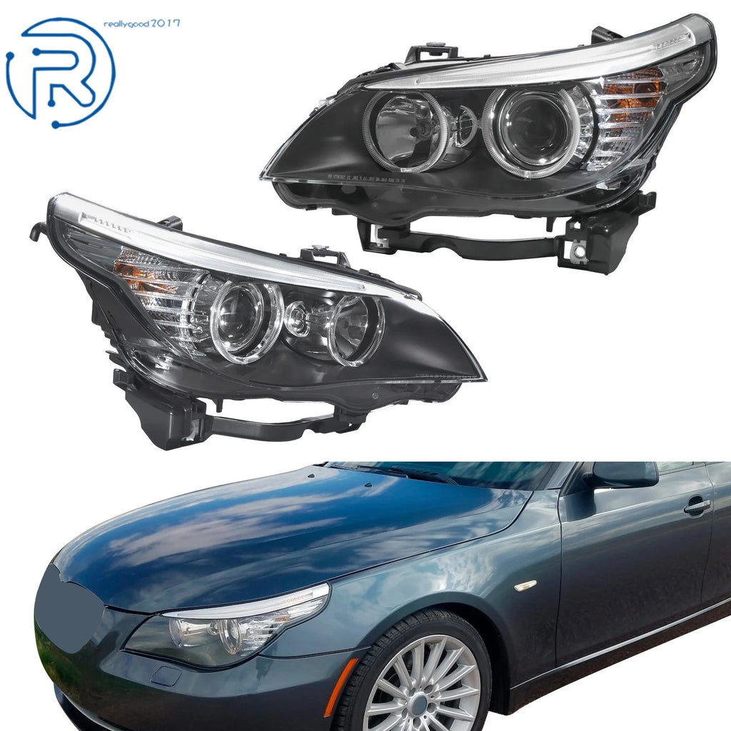 Headlight Set for BMW 528i (2008–2010) Halogen Black Driver+Passenger