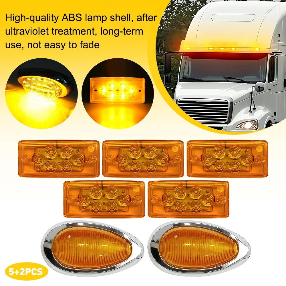5x Amber LED Cab Roof Light & 2x Side Marker Lamp for Freightliner Truck
