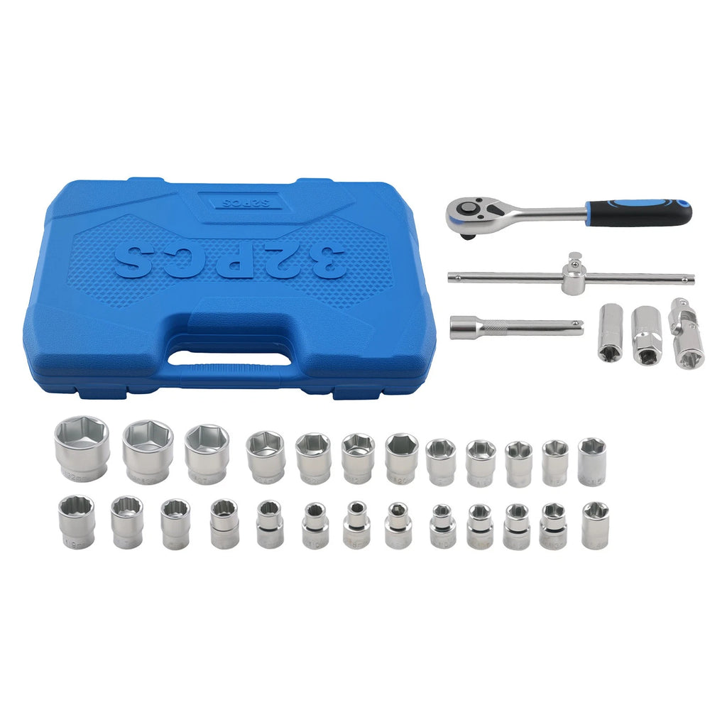 32PCS 1/2" Drive Socket Set for Chrome Vanadium Steel Ratchet Wrench Kit