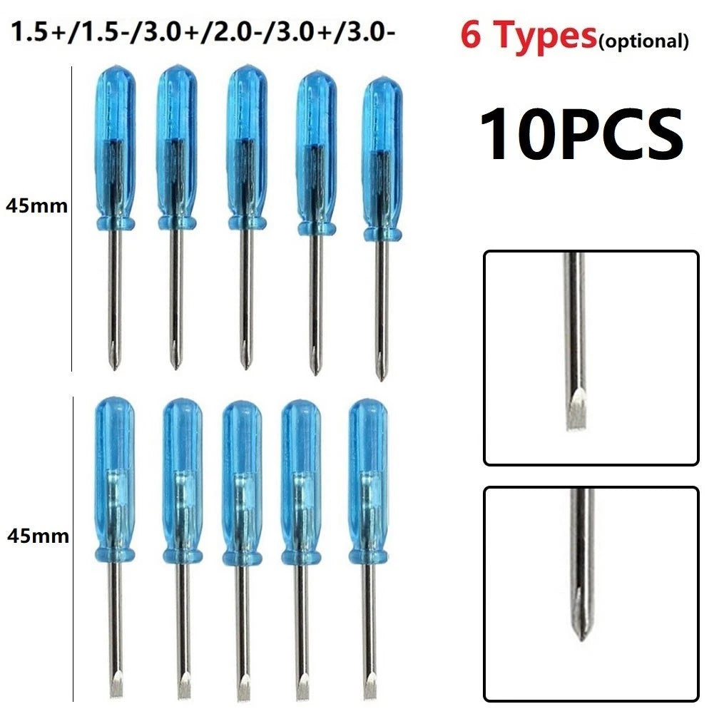 10PCS Screwdrivers Set with 45mm Plastic Rods and Stainless Steel Tips