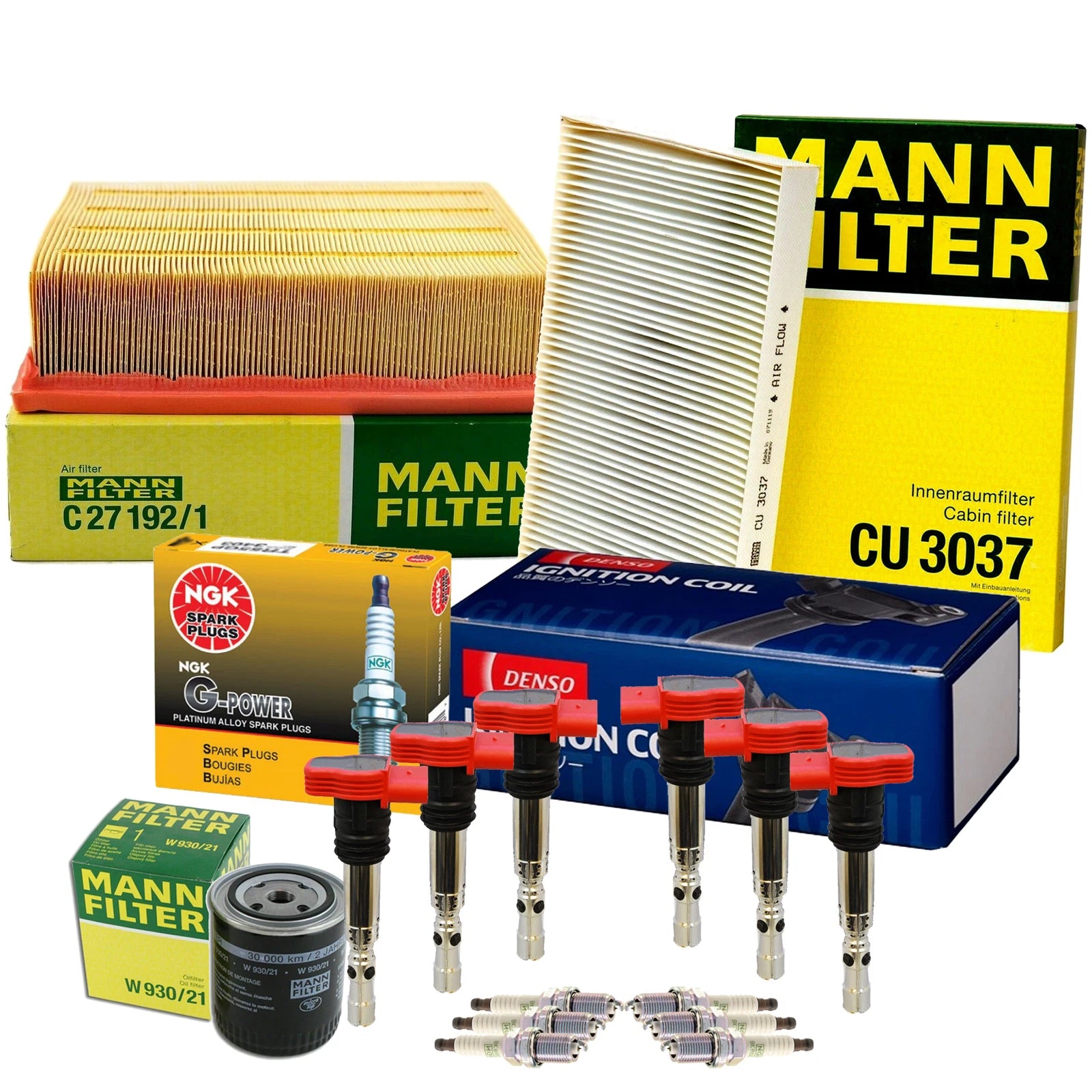Tune Up Kit: 6 Mann Filters, 6 Denso Coils, 6 NGK GPower for Audi AVK BGN