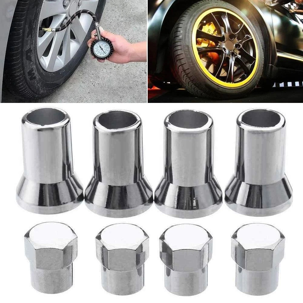 Set of 4 Chrome Hexagon Tire Valve Stem Caps for Universal Fit