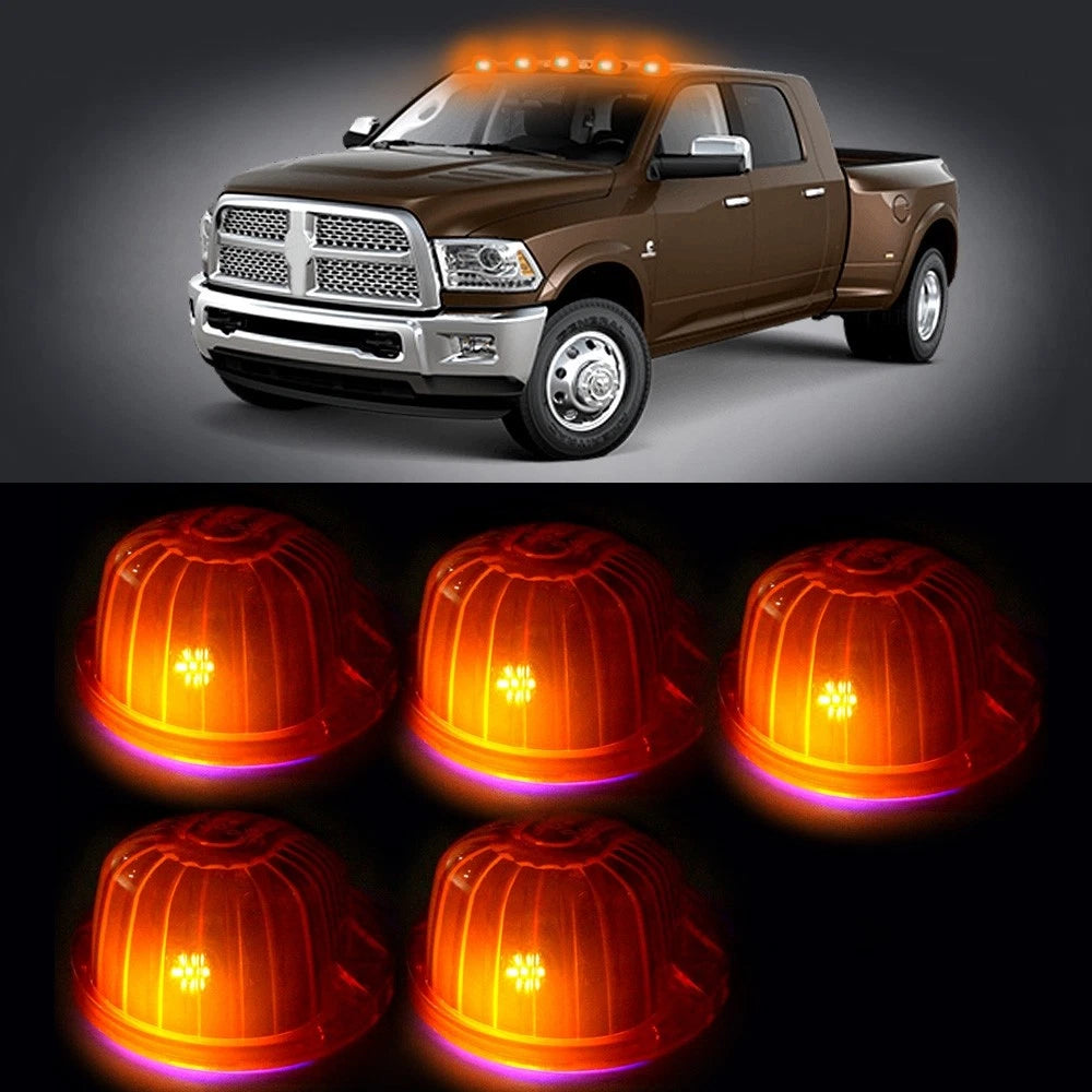 5X Cab Roof Marker 1313A 9069A Amber Round for Chevy GMC (12V) + 5X LED Bulbs