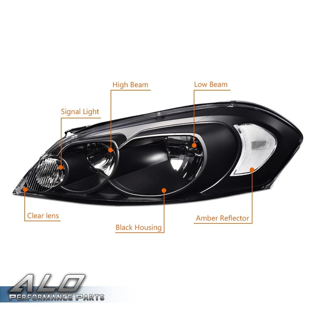Clear Corner Black Headlights for Chevy Impala, Monte Carlo (2006–2013)