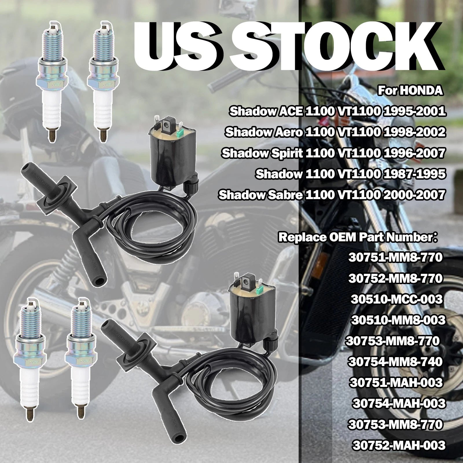 Ignition Coil Spark Plug + Cap for Honda Shadow Spirit 1100 VT1100C (1996–2007)