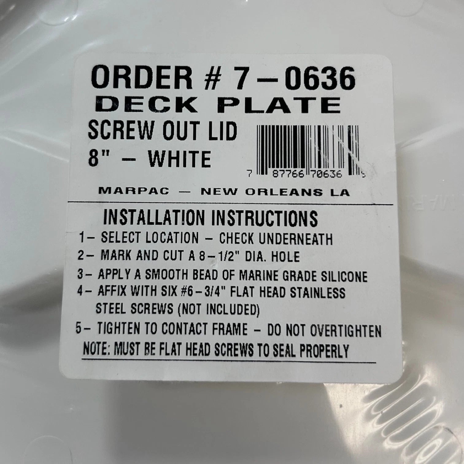 Set of 2 Marine White Screw Out Deck Plate Lid 8" - Marpac 7-0636