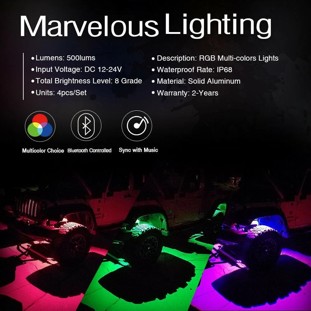 8x RGB LED Rock Lights for Offroad Vehicles (Wireless Bluetooth)