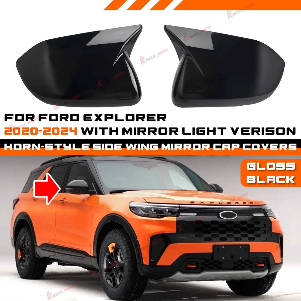 Add-On Horn Style Side Mirror Cap Covers for Ford Explorer (2020–2024) - Gloss Black