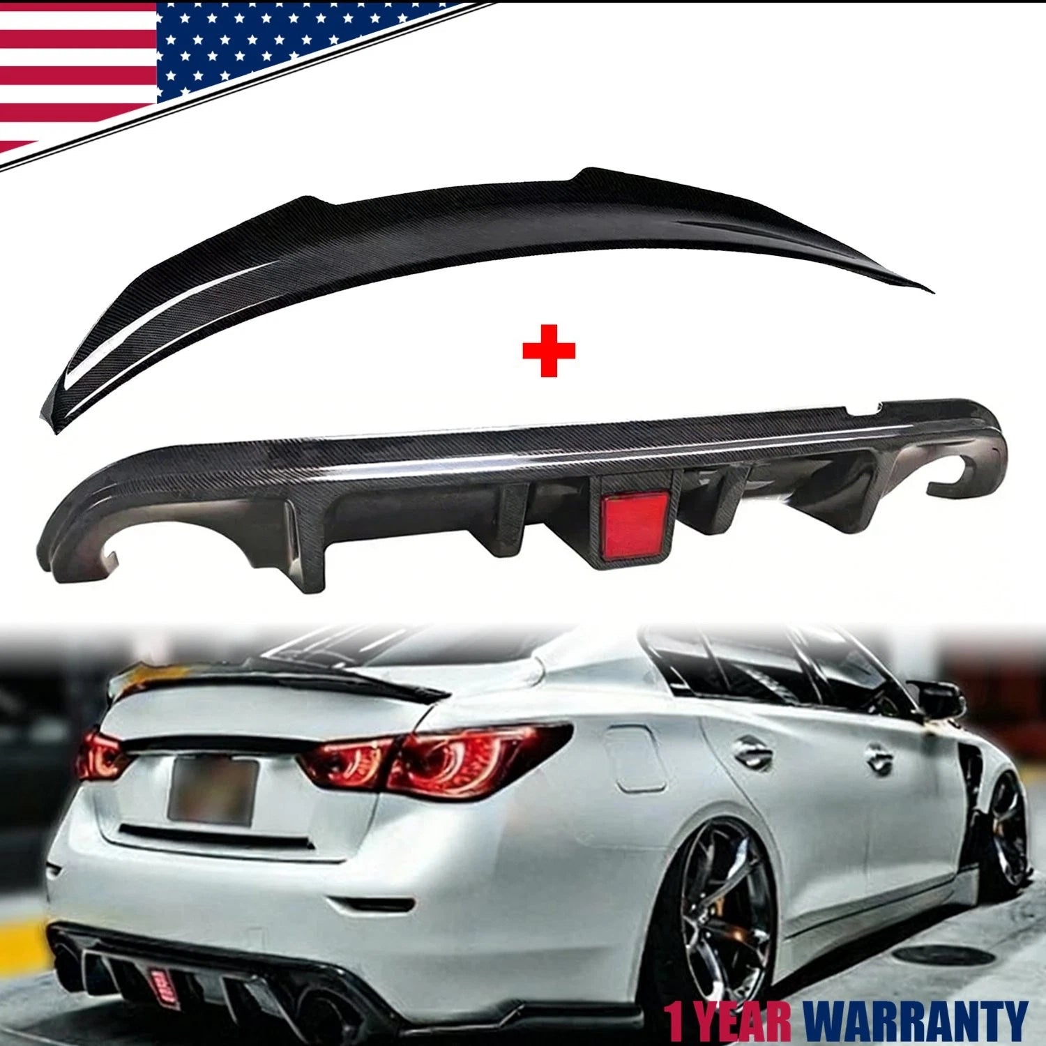 Carbon Rear Bumper Diffuser Trunk Spoiler w/LED for Infiniti Q50 (2014–2017)