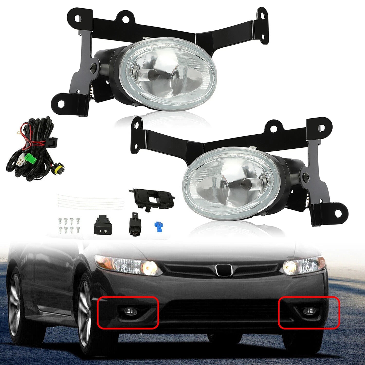 Clear Lens Fog Lights with Wiring & Switch for Honda Civic Coupe (2006–2008)