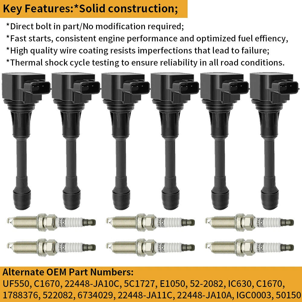 6X Ignition Coils + 6X Iridium Spark Plugs for Infiniti G37 M37 (2008–2013)