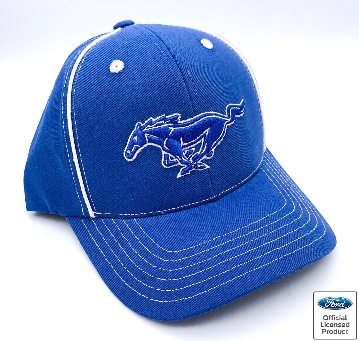 Licensed Ford Mustang Hat Blue Running Pony Logo with White Stitching (2005–2015)
