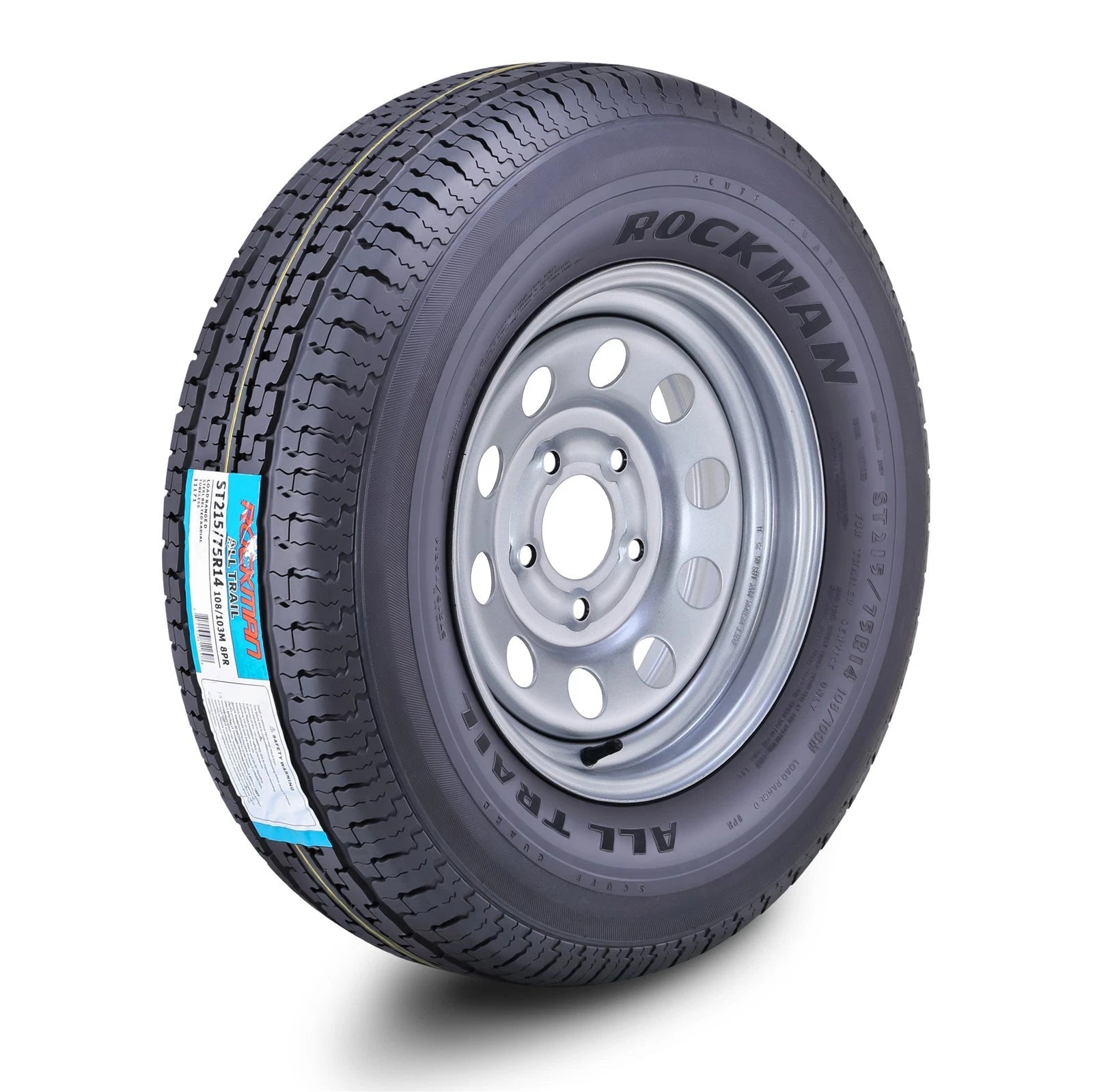 ROCKMAN ST215/75R14 8-Ply Trailer Tire & 5x4.5 Silver Mod Rim for Trailer