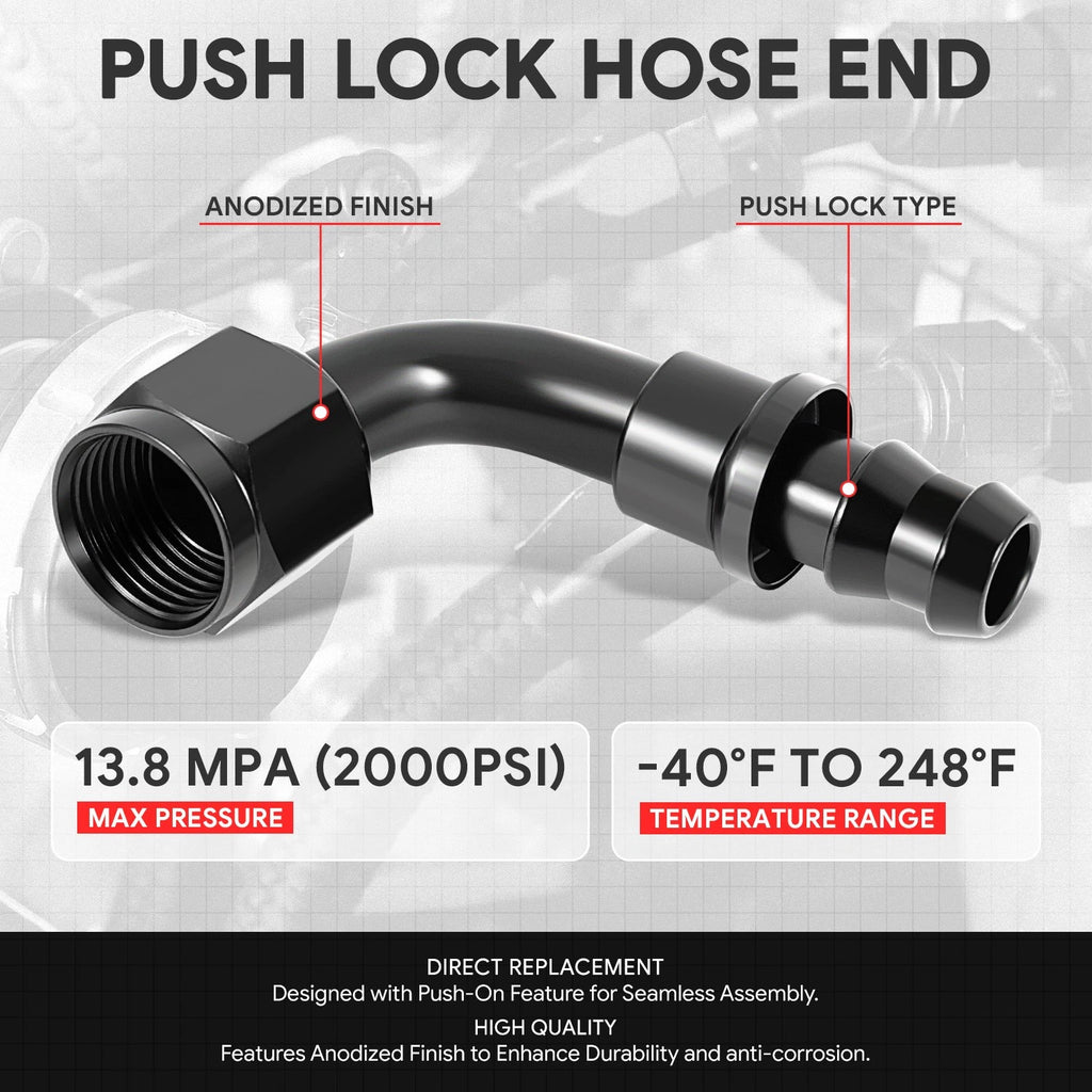 8AN to 1/2" Barb 90 Degree Push Lock Hose End Fittings T6061 (Universal)