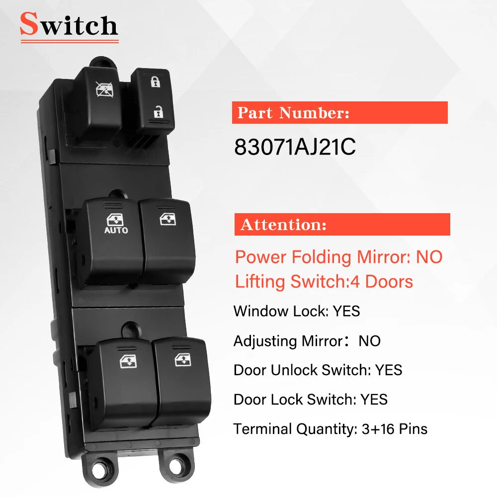 Driver Side Main Door Window Switch for Subaru Outback (2013–2016)