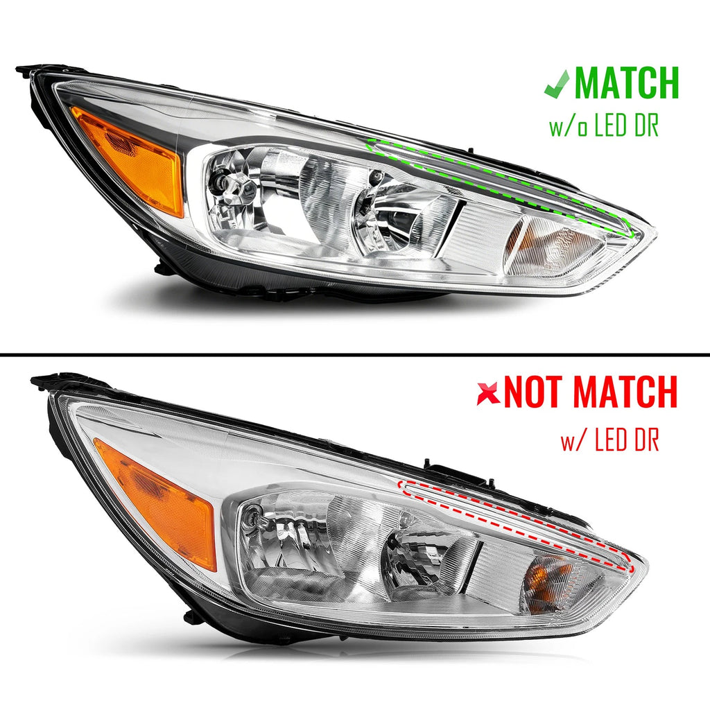 Chrome Halogen Headlights Pair for Ford Focus (2015–2018) W/Bulb W/O LED DRL