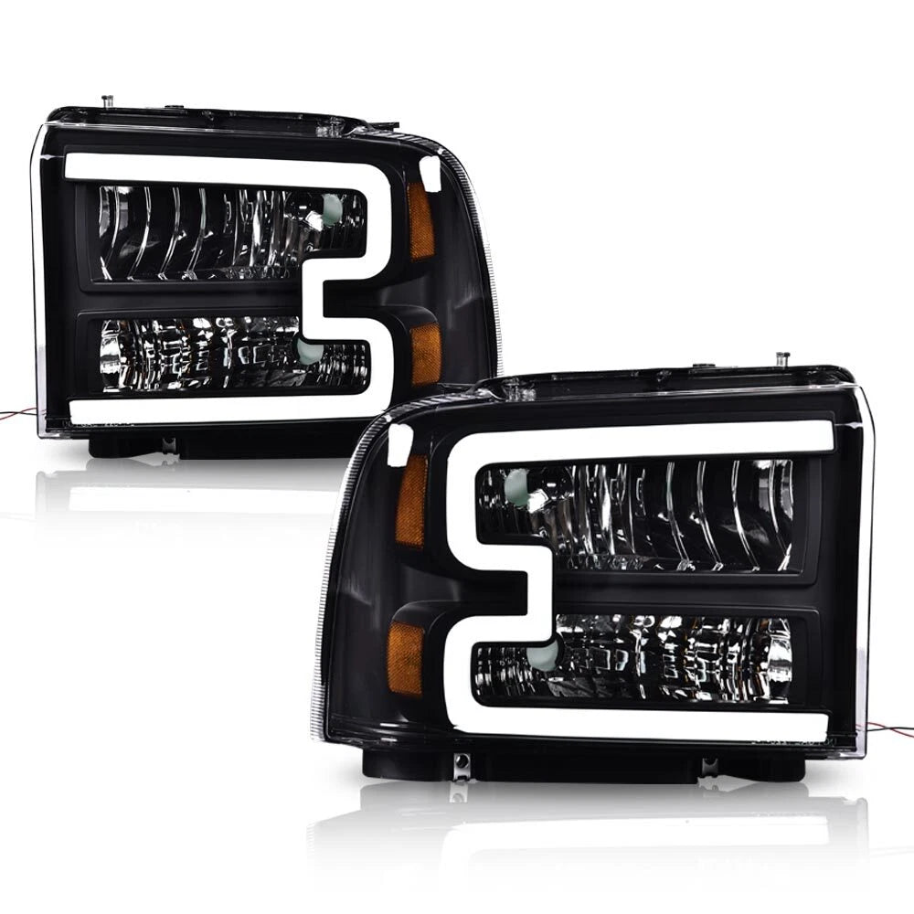 LED DRL Black Headlights for Ford F250 F350 F450 F550 Super Duty (2005–2007)