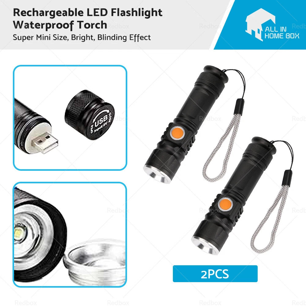 2X USB Rechargeable LED Flashlight Waterproof Torch