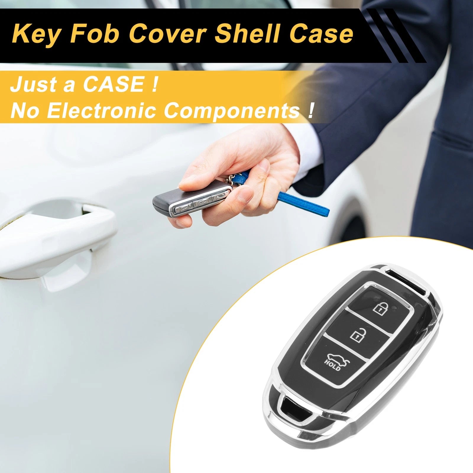TPU Silicone Car Key Case for Hyundai i10 (2010–2023) - Black/Silver Edge