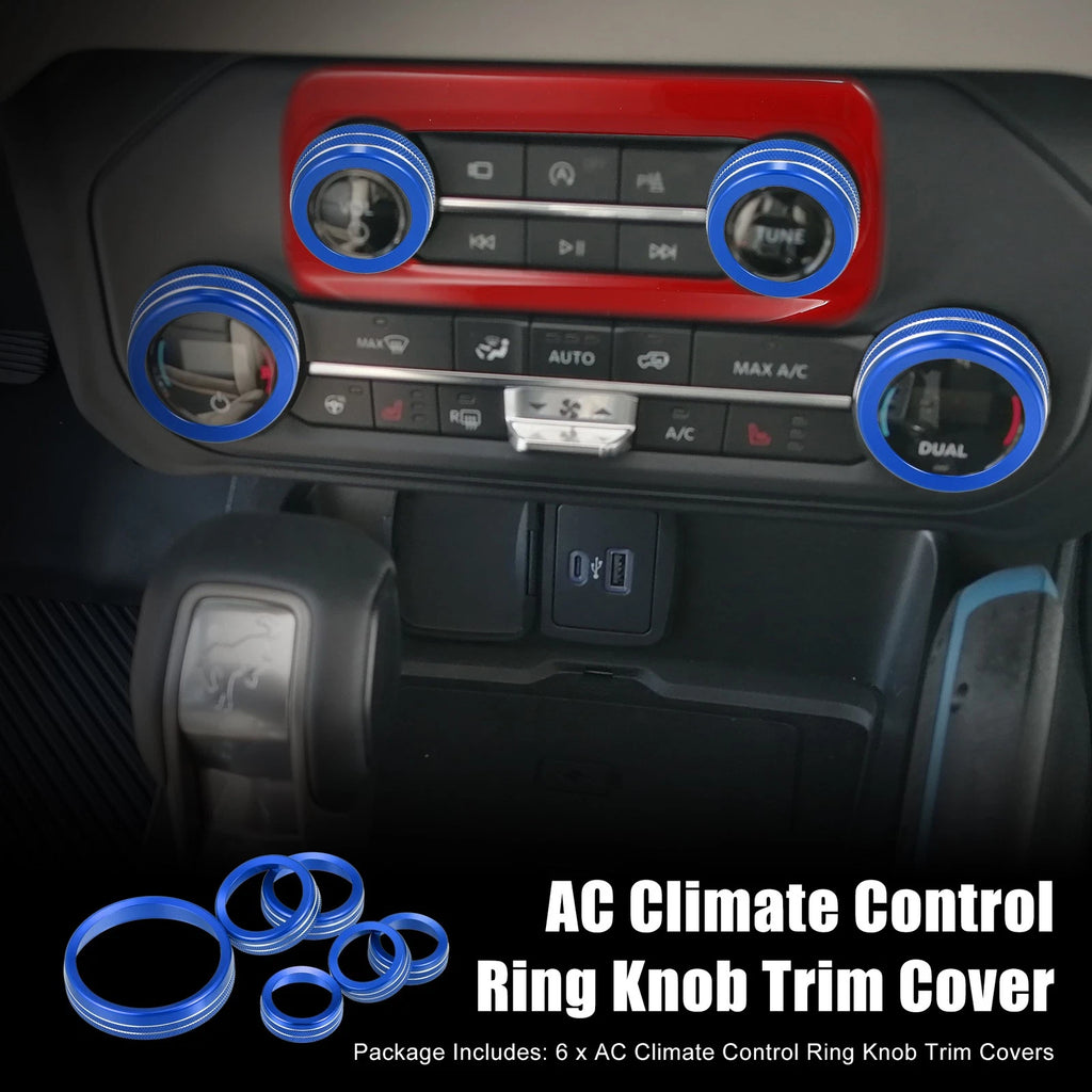 6pcs Blue Aluminum Alloy AC Control Knob Cover for Ford Bronco (2021–2022)