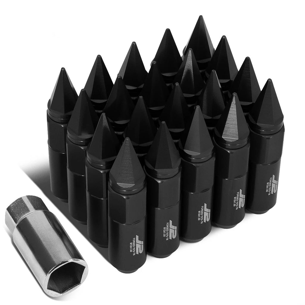 Set of 20 J2 7075 Forged Aluminum M12x1.5 Spiky Cap Lug Nuts w/Adapter Black