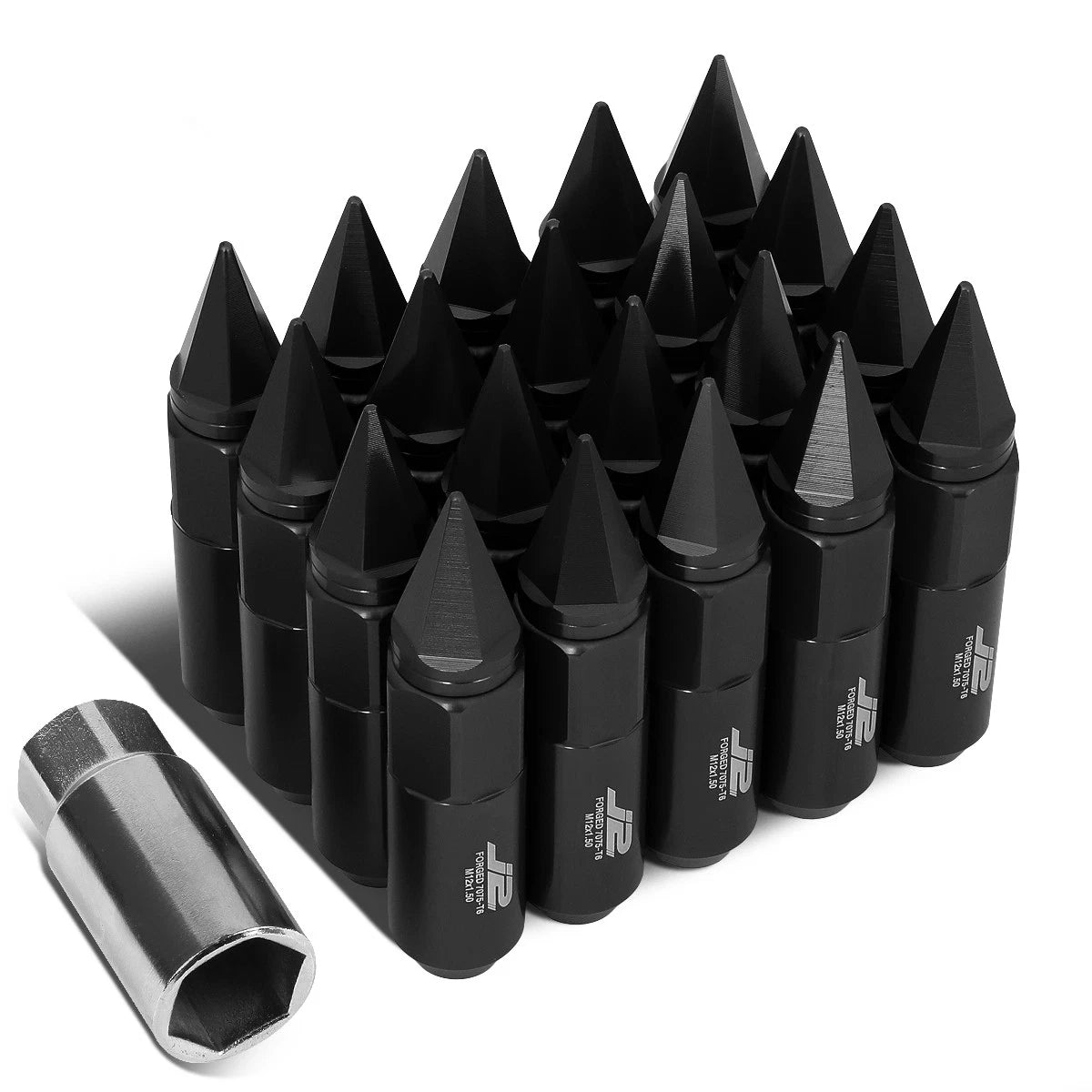Set of 20 J2 7075 Forged Aluminum M12x1.5 Spiky Cap Lug Nuts w/Adapter Black