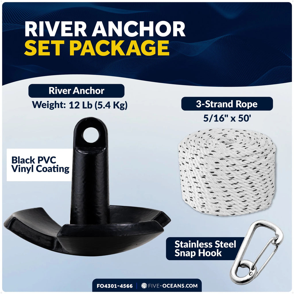12 Lb River Boat Anchor Kit with 5/16"x50' Rope & Snap Hook
