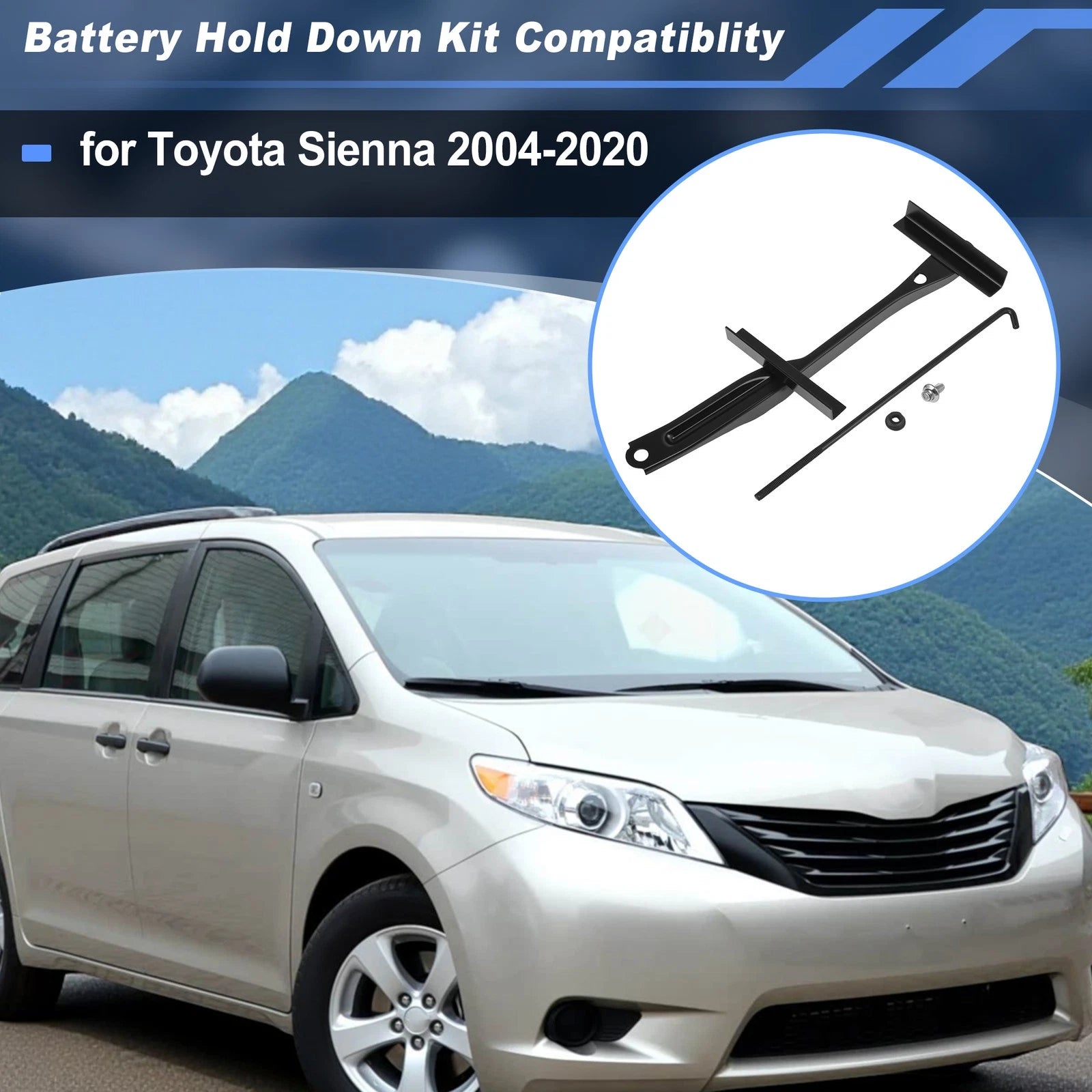 Battery Hold Down w/ 304 Stainless Steel J Bolt for Toyota Sienna (2004–2020)