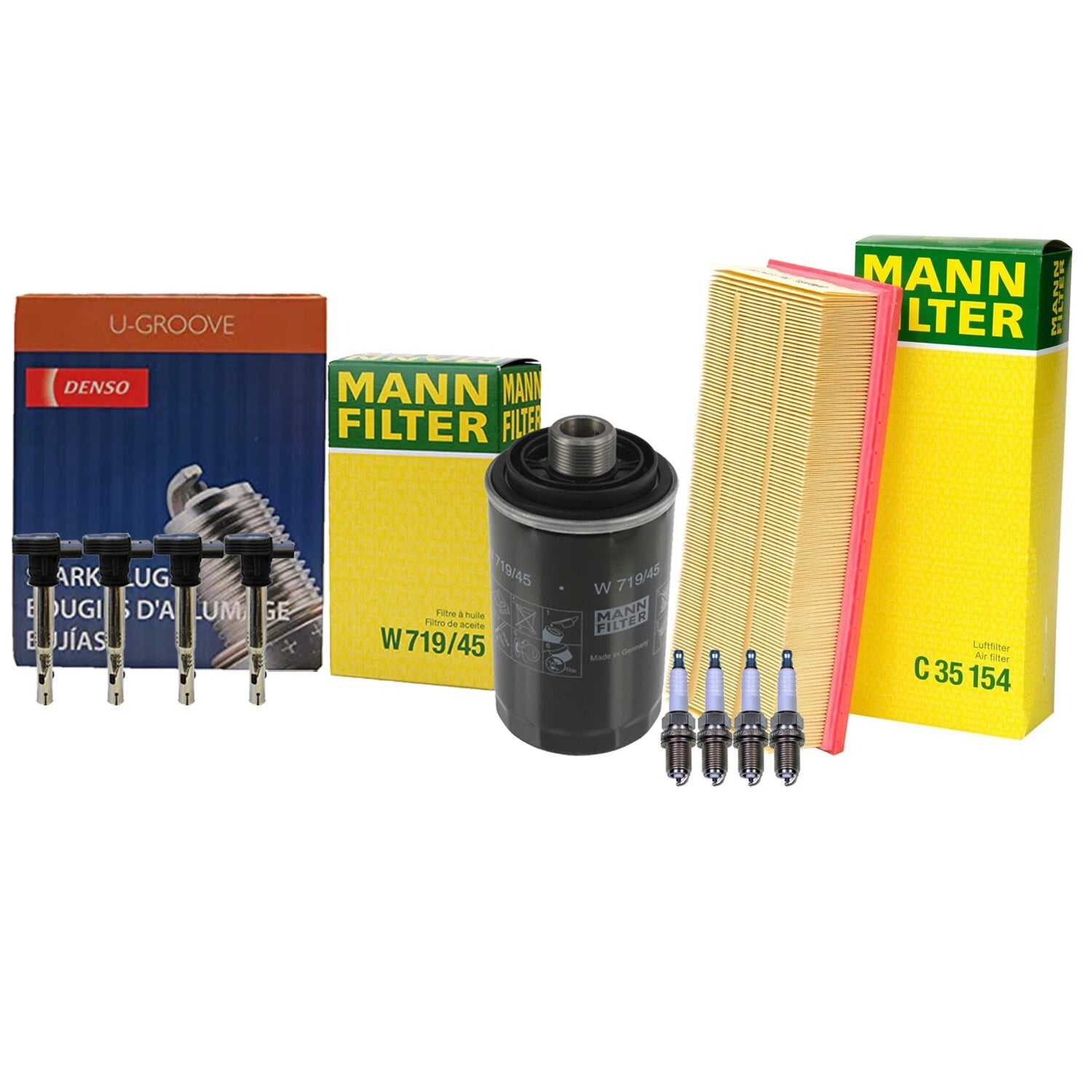 Set of 4 Mann Filters & 4 Denso U-Groove Spark Plugs for Audi VW 2.0L