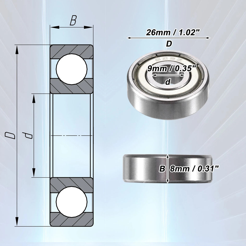 2 Pcs 629ZZ Deep Groove Ball Bearings for Car (9x26x8mm)
