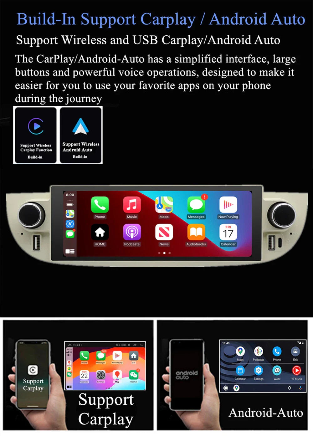 6.86'' Carplay Android Stereo GPS Navigation for Fiat 500 (2007-2018)