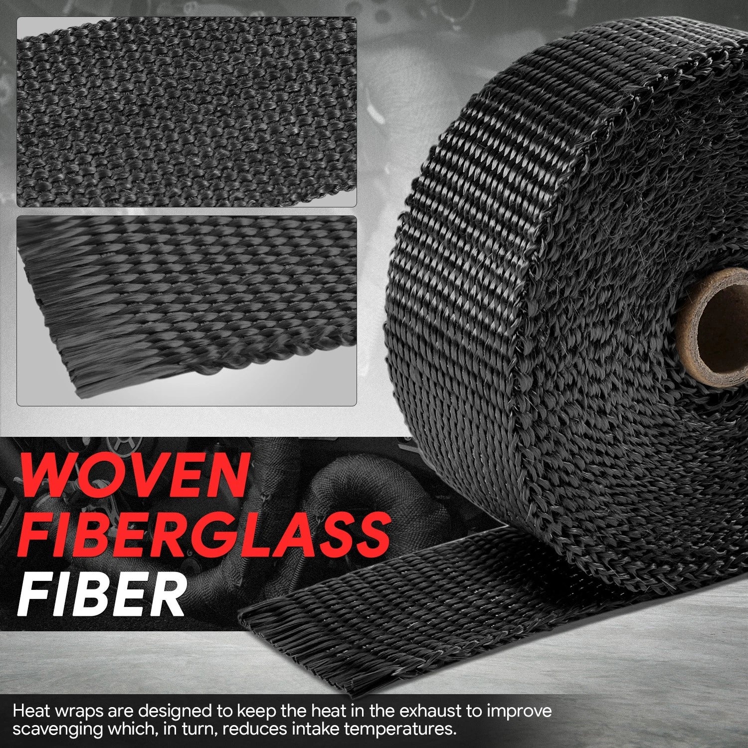 2" Wide Black Fiberglass Exhaust Header Wrap for Universal (30Ft)