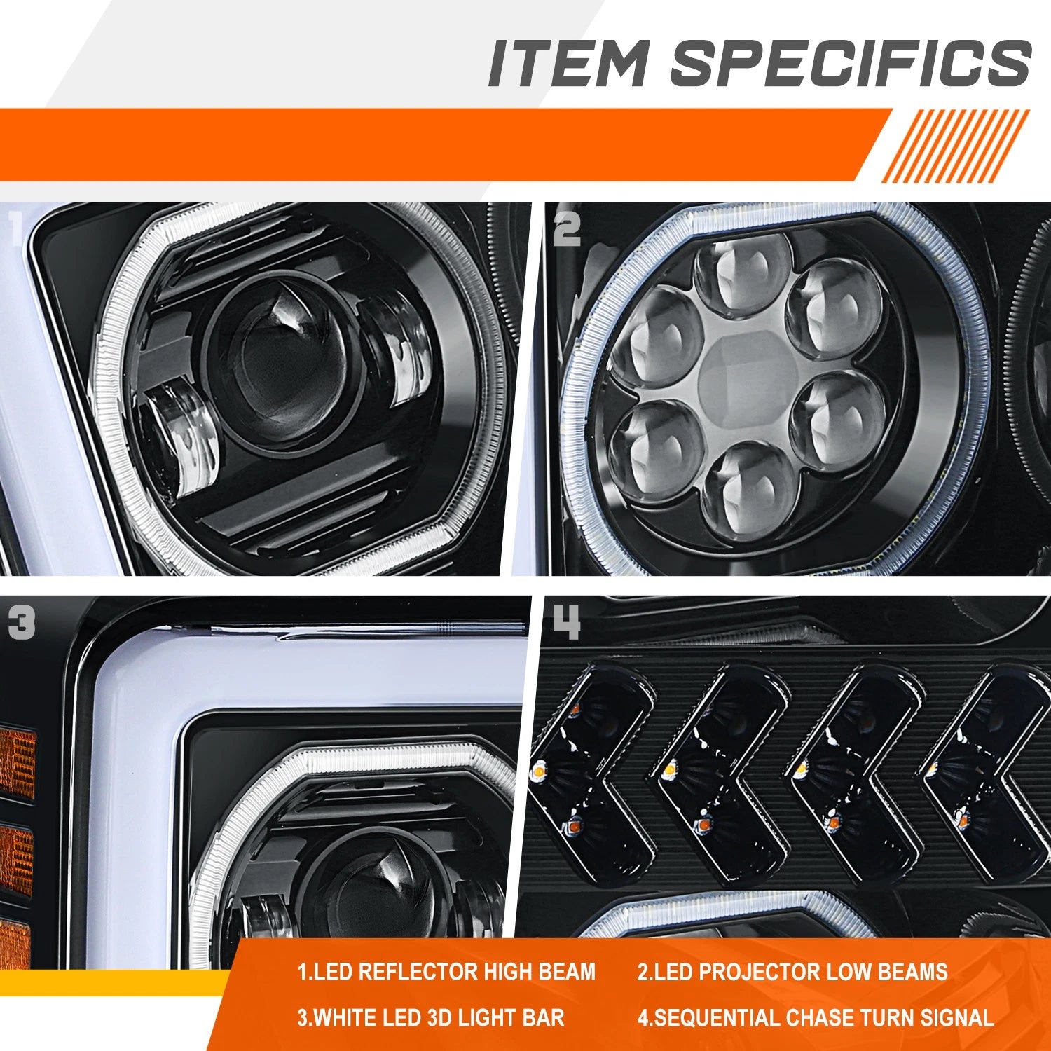 Sequential LED DRL Projector Headlight for Ford F250-F450 Super Duty (2017–2019)