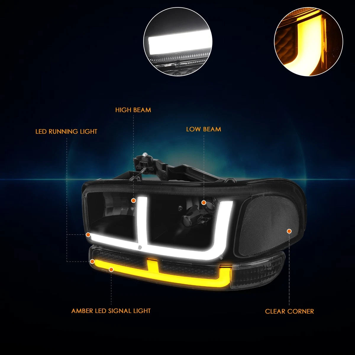 LED DRL Headlights Smoked Lens for GMC Sierra/Yukon (1999–2007)
