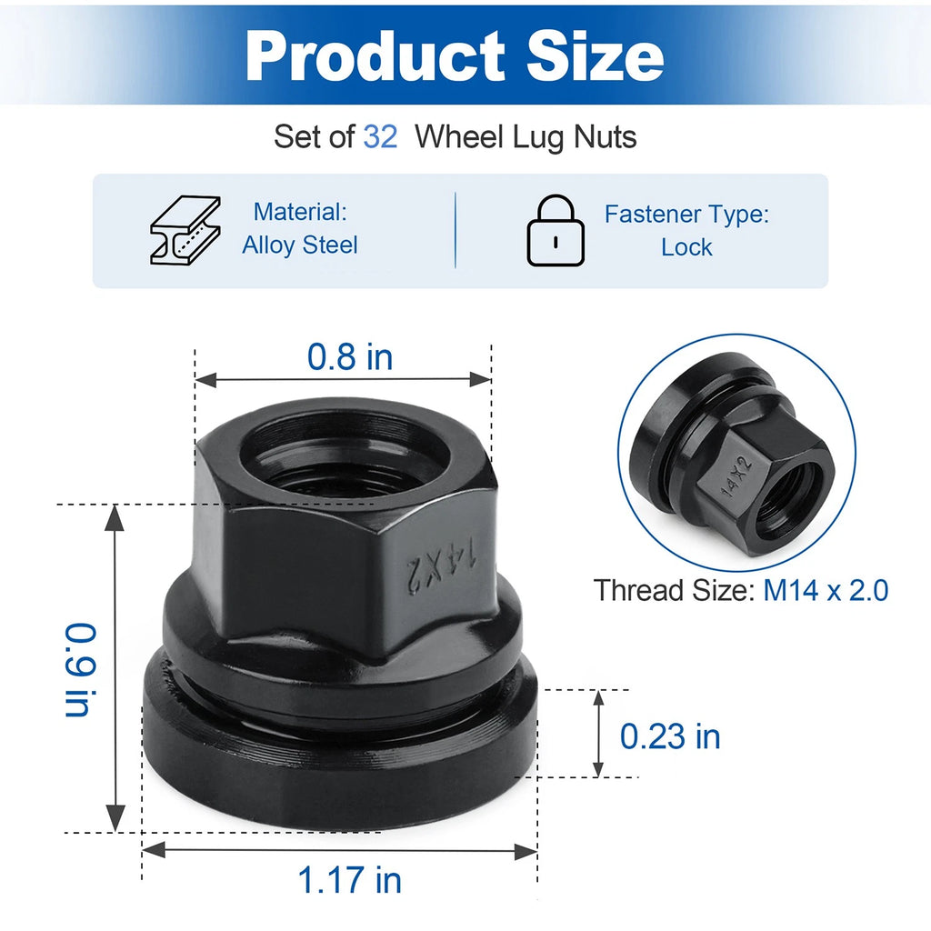 Set of 32 M14x2.0 Lug Nuts for Ford F-250 F-350 (1999–2002) Black Flat Washer