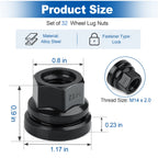 Set of 32 M14x2.0 Lug Nuts for Ford F-250 F-350 (1999–2002) Black Flat Washer