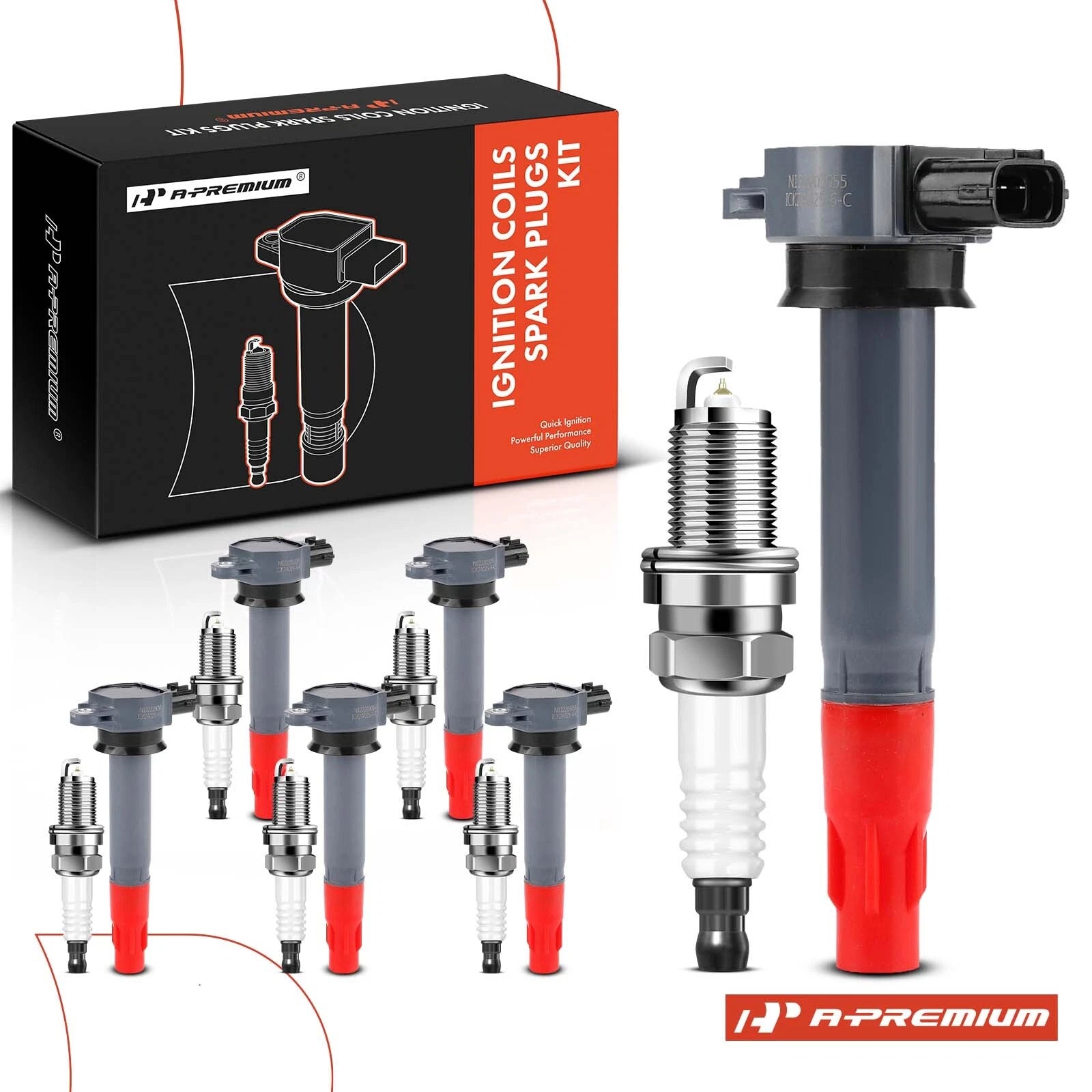 Set of 6 Red Ignition Coils & Iridium Spark Plugs for Mitsubishi Outlander 