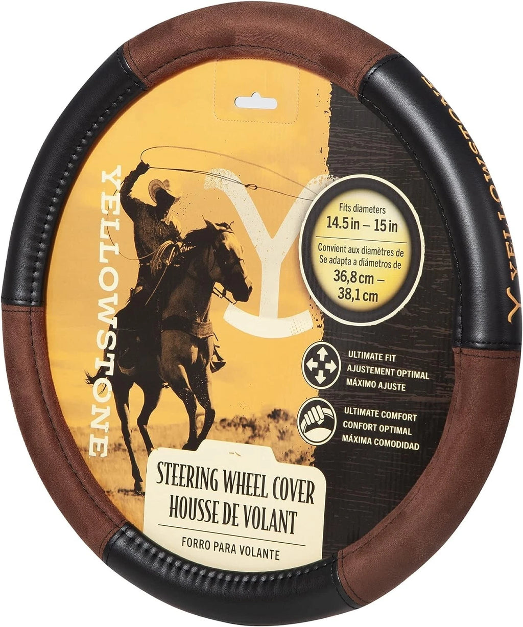 Plasticolor Steering Wheel Cover for - Yellowstone Logo Suede Leather Brown and Black
