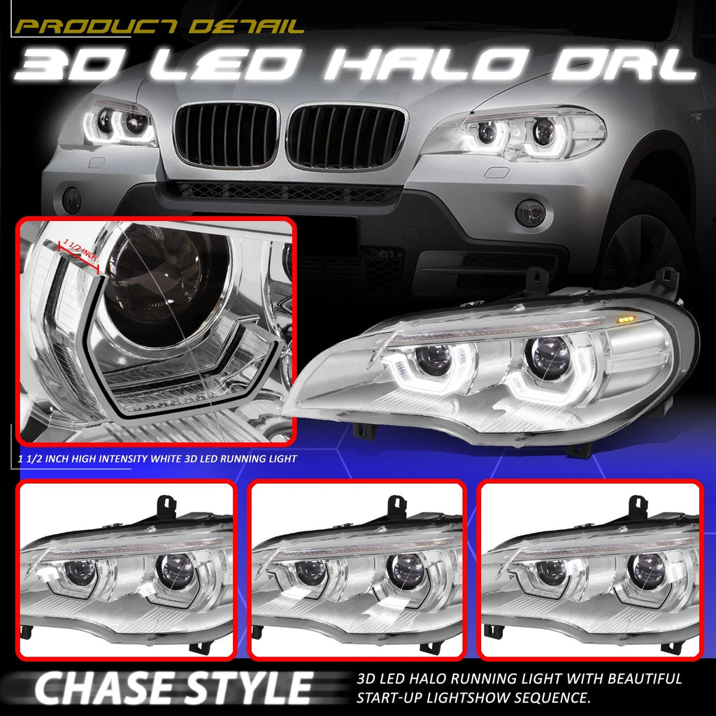 LED Projector Sequential Headlights for BMW X5 (2007–2010) - Chrome Housing