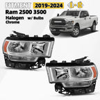 Halogen Headlight Pair for Ram 2500 3500 (2019–2024) W/ Bulb W/ Chrome Bezel