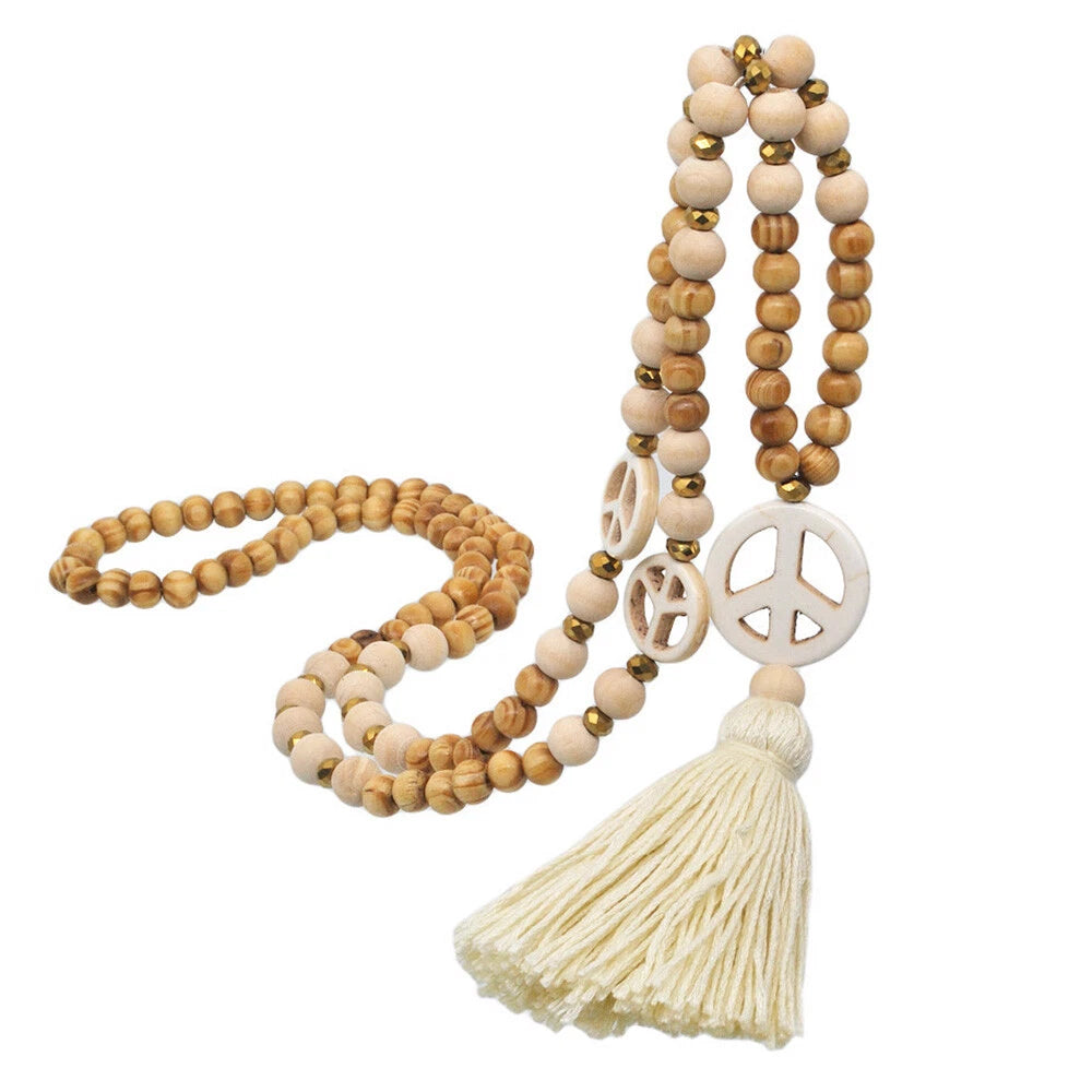 2X Bohemian Long Necklace Tassel Peace Sign Wood Beaded Fringe Pendant