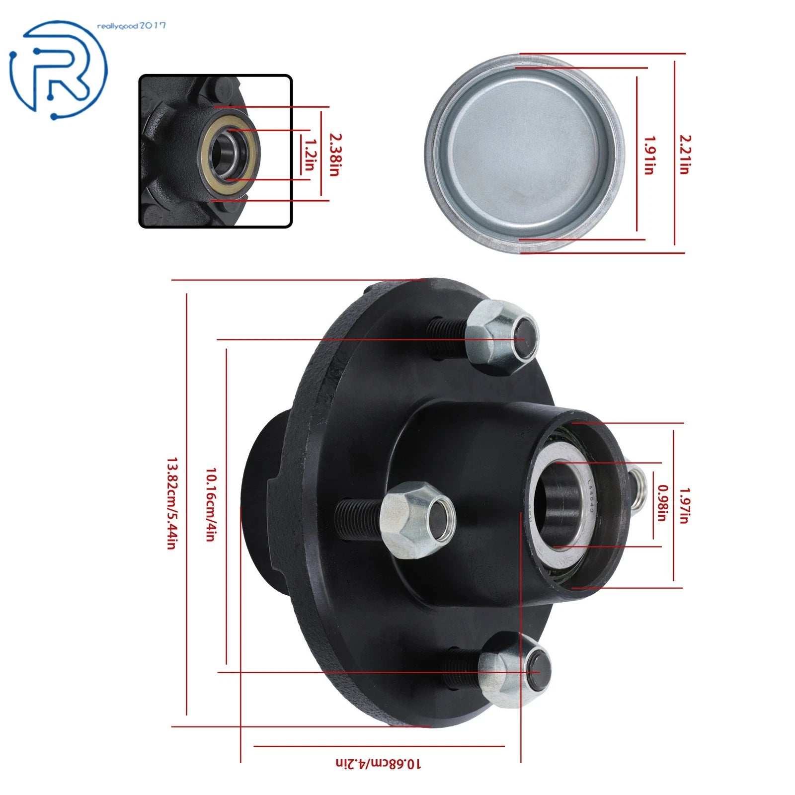 Set of 4 Pre-Assembled Hub Kits for Boat Trailer (2000 lbs, 1" Spindle)