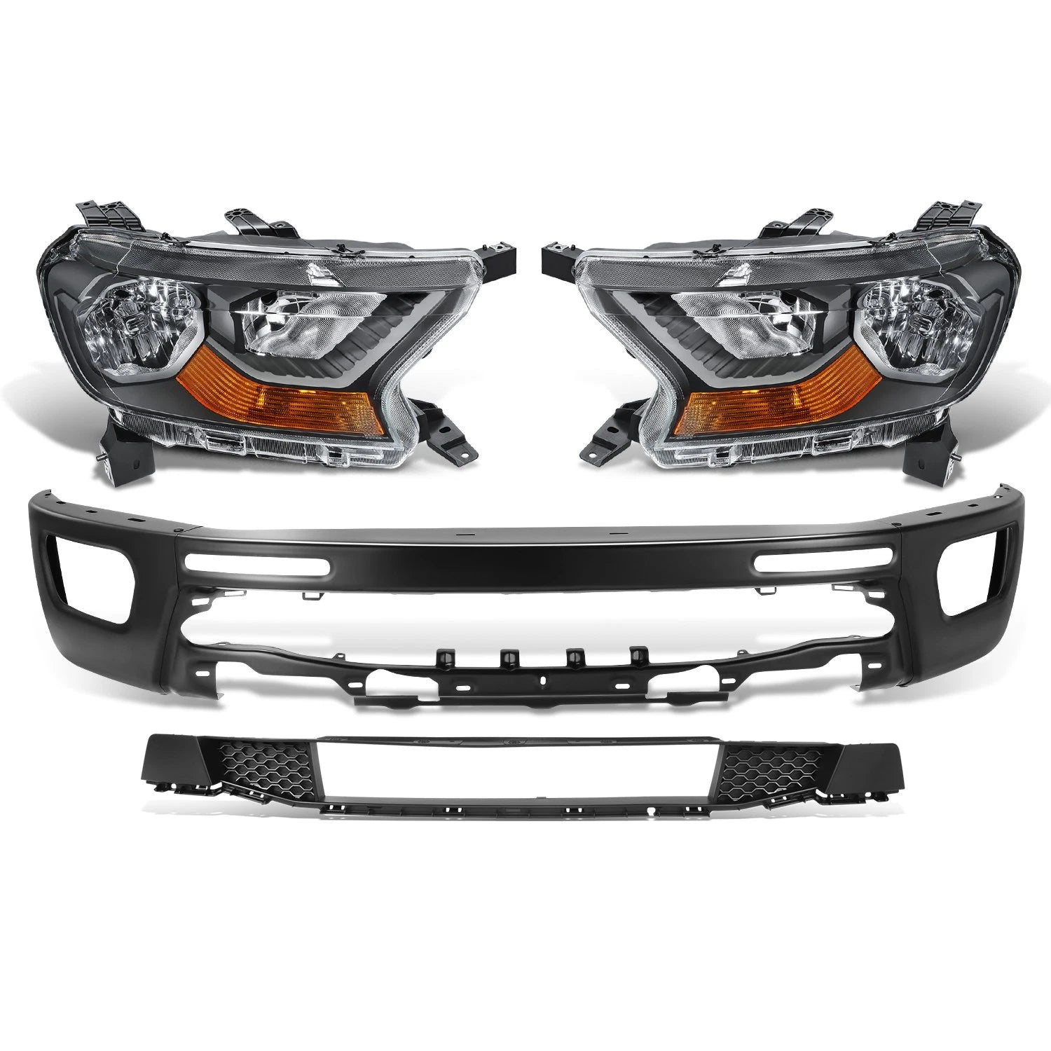 Black Amber Headlights Bumper with Fog Light Hole for Ford Ranger (2019–2023)