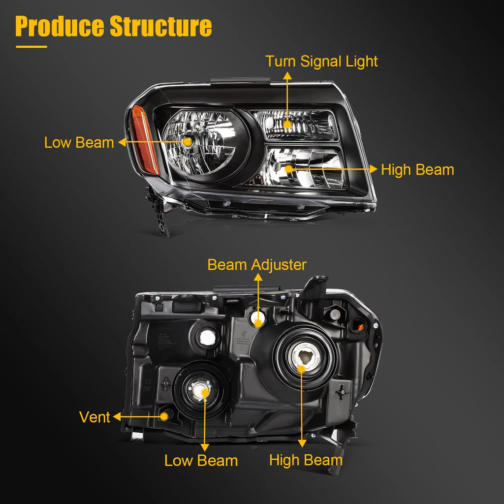 Set of 2 Headlight Assemblies for Honda Pilot (2012–2015) Black Housing
