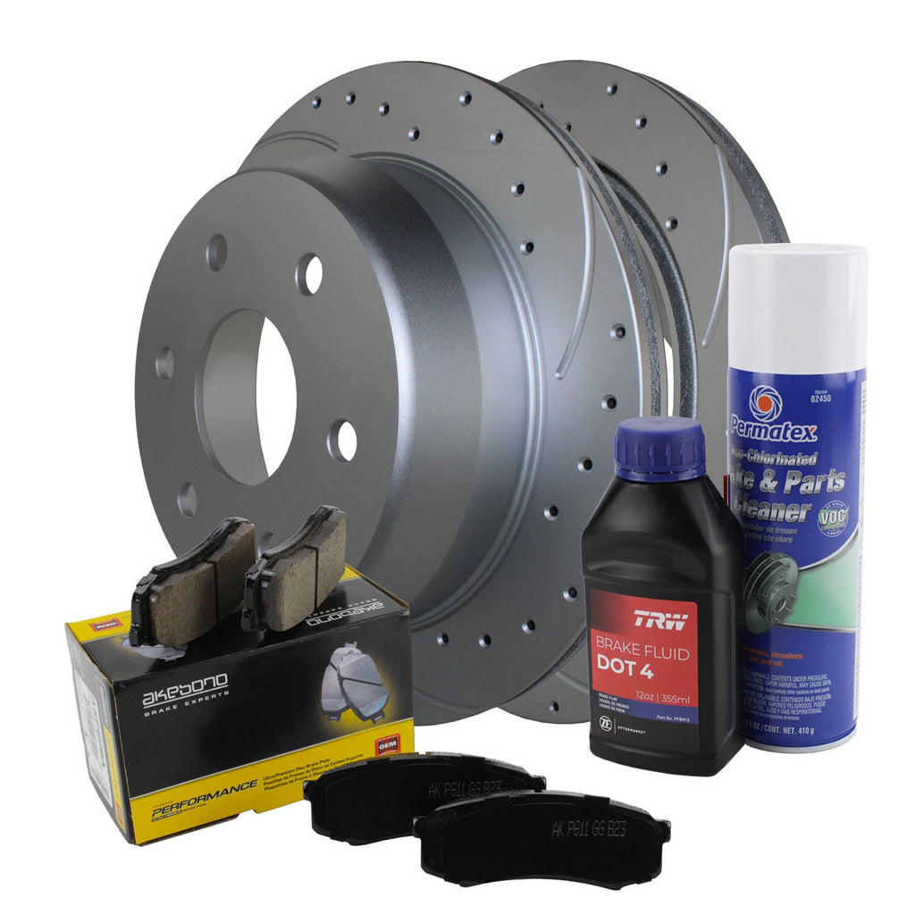 Rear Brake Kit Set of 4 Drilled 325mm Disc Rotors & Akebono Pads for Chevy GMC