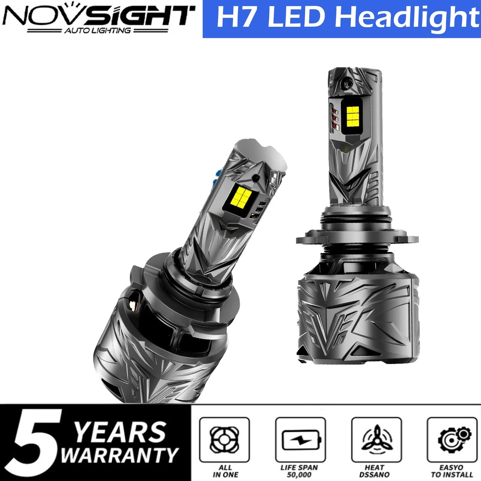 2X H7 LED Headlight Bulbs for NOVSIGHT (6500K, 50000LM)