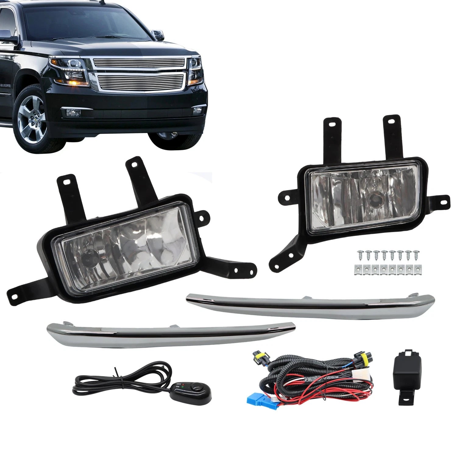 Fog Lights Lamps Set of 2 w/Chrome Trim+Switch+Bulbs for Chevy Suburban/Tahoe (2015–2020)