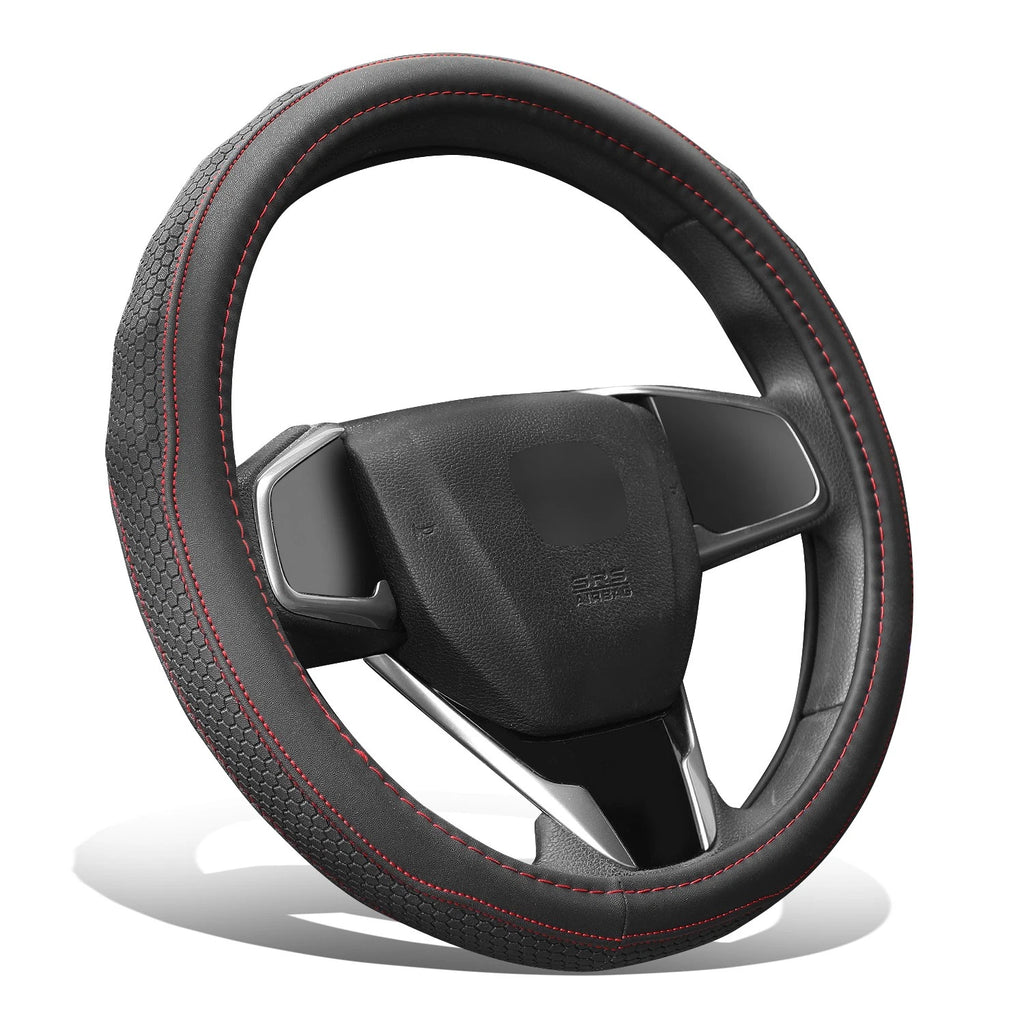 Steering Wheel Cover Full Surround Insert for - Black Hexagon, Red Stitching