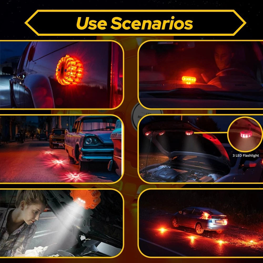 Set of 6 LED Road Flares Emergency Disc Safety Light for Roadside Use